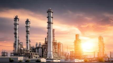 Obraz premium Industrial complex silhouette against sunset with towering smokestacks and vibrant sky showcasing energy production and processing facility landscape