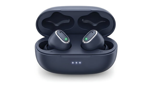 Dark Blue True Wireless Earbuds in Open Charging Case with Green LED Indicator Lights Isolated on White Background for Music