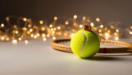 Tennis ball Christmas ornament with a vintage racket and sparkling fairy lights on a festive background