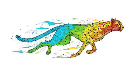 A colorful polygonal cheetah appears to be running quickly forward © Mithun