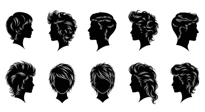 Vector Haircuts and Hairstyles Silhouettes - Beauty Salon Black  White Profiles Collection
