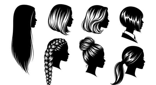Beauty  Fashion: Diverse Women's Hairstyles Black Silhouettes Vector Collection