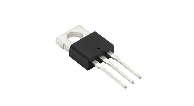 Macro shot of an electronic component transistor MOSFET in a TO-220 package, isolated on a transparent background

