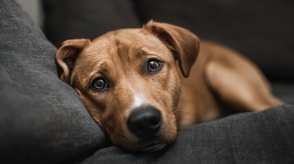 Obraz premium Relaxed brown dog resting on black sofa with a calm expression