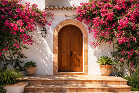 Beautiful entrance with wooden door and vibrant flowers