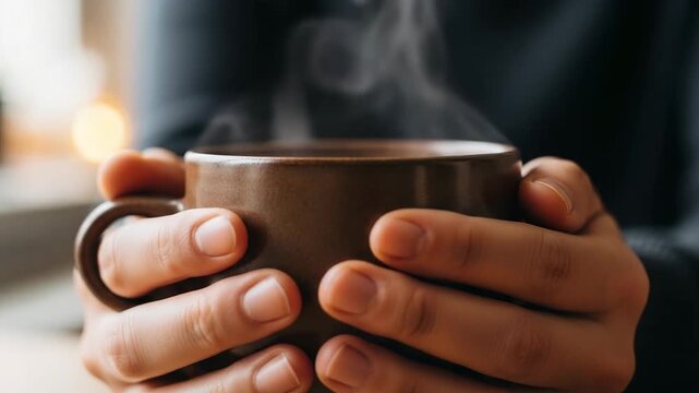 Person holding steaming cup of coffee while warming hands indoors  