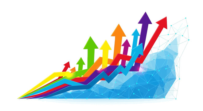 Colorful arrows rising from a polygonal blue base representing growth