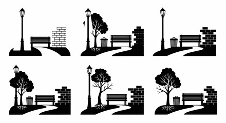 Naklejka premium Black White Silhouette Vector Icons: Urban Park Elements - Bench, Tree, Lamp