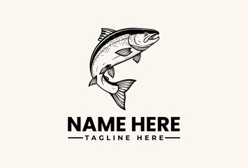 A black and white illustration of a jumping fish with a customizable name and tagline on a plain beige background, featuring a logo and pictogram design.