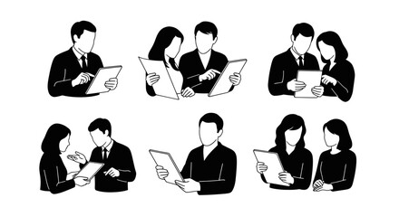 Black  White Line Art Glyphs: Business Technology Professionals with Tablets