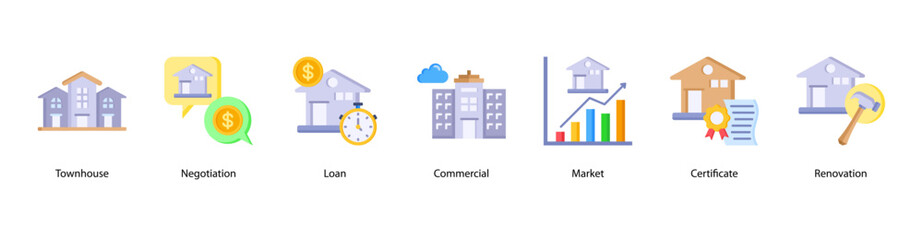 Real Estate Transactions web banner icon vector illustration featuring Townhouse, Negotiation, Loan, Commercial, Market, Certificate, and Renovation. © Dewi Sari