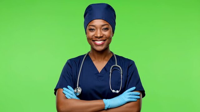 Smiling Black female healthcare professional in scrubs, stethoscope, and gloves with crossed arms on green screen