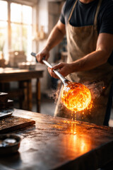 Skilled artisan shaping molten glass in a vibrant workshop