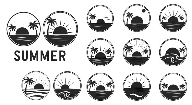 Tropical Summer Beach Travel Logos  Emblems Collection - Black  White Line Art