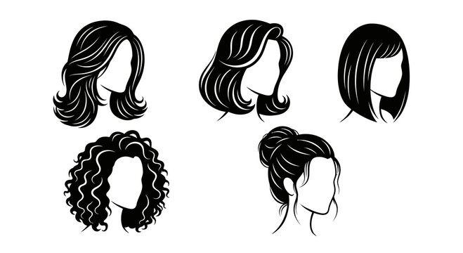 Beauty Haircare: Collection of Female Hairstyles Black and White Vector Silhouette Icons