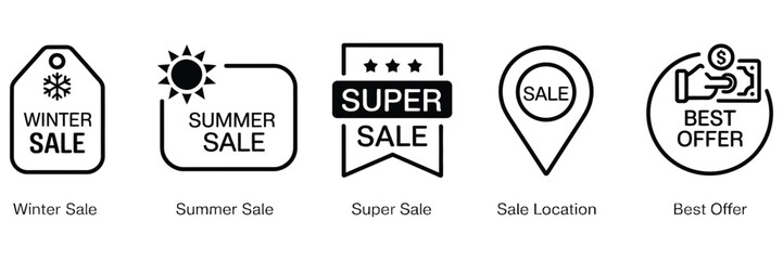 Set of 5 Offer and Sale Icons Featuring Winter Sale, Summer Sale, Super Sale Labels, Discount Tags, Promotional Badges, Retail Marketing Symbols, E Commerce Campaign Elements, Vector Illustration Coll