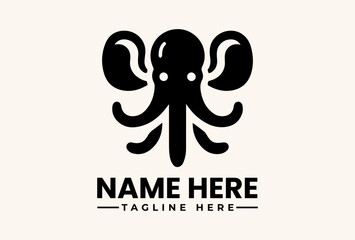 A black vector illustration of an octopus logo with placeholder text on a beige background, featuring a simple icon design. © vectorvovdesign