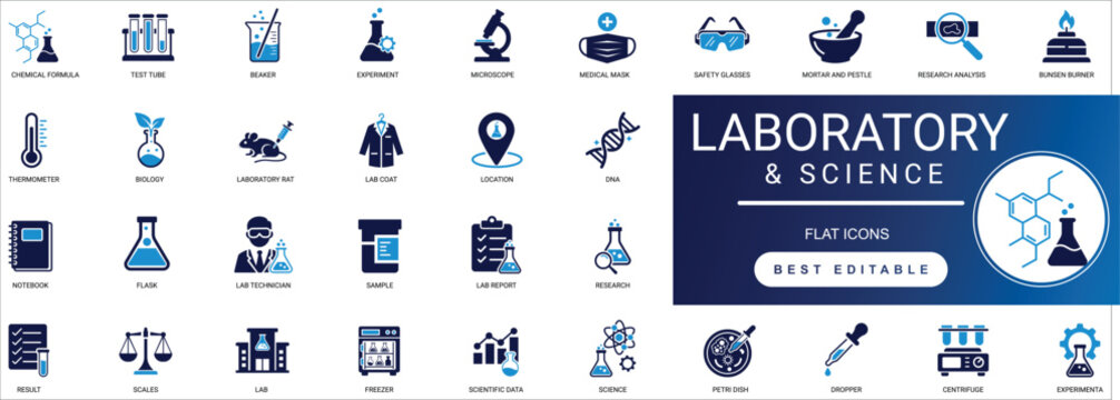laboratory and science research solid icon set experiment, test tube, microscope, flask, chemical, biology, medical professional vector set editable