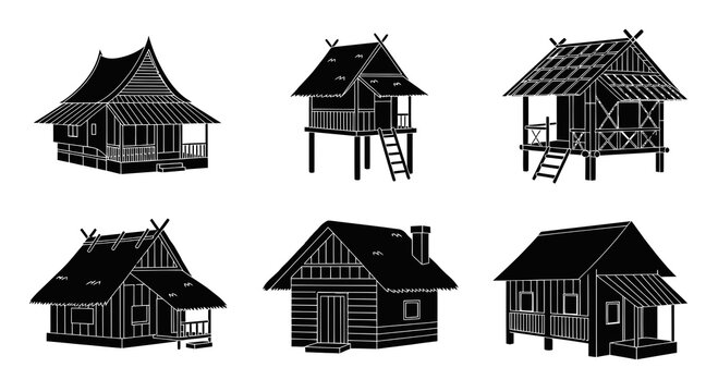 Traditional Southeast Asian Houses  Huts Glyph Icons Set - Architecture Line Art