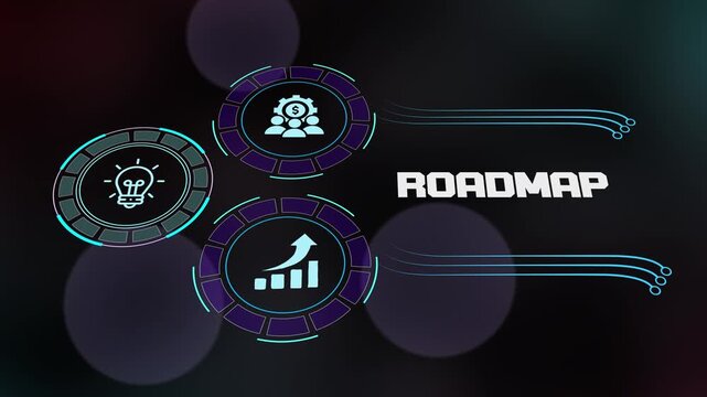  Digital business roadmap for future growth and strategy planning with futuristic HUD interface and icons for innovation, team and performance