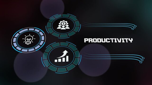 Business productivity and workflow efficiency concept shown on a high-tech HUD screen with growth chart, gear team and innovation lightbulb icons