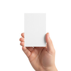 Fototapeta premium A hand holding a blank vertical white business card or flyer isolated on white or transparent background