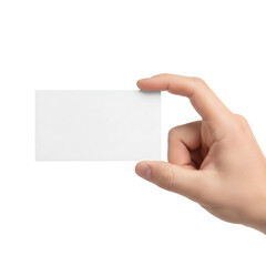 A hand holding a blank vertical white business card isolated on white or transparent background