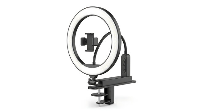 Black LED Ring Light with Flexible Phone Holder and Desk Clamp Mount for Live Streaming Vlogging and Makeup Tutorials Isolated on White Background