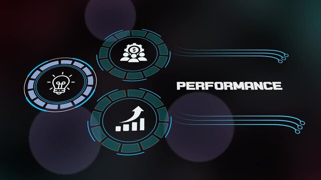 Business performance monitoring dashboard with high tech glowing gears, growth bar chart icon and team management symbols on dark background
