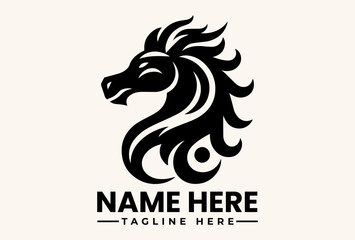 A stylized black horse head logo with flowing mane and placeholder text on a beige background, featuring a vector illustration design. © vectorvovdesign