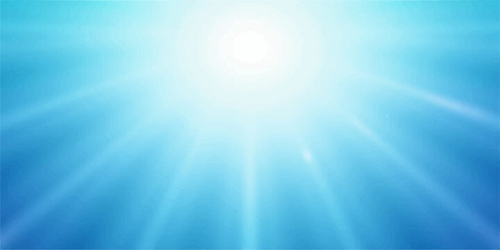 Bright summer nature backdrop featuring a sunburst with glowing rays and beams shining through a blue sky with clouds and sparkling water