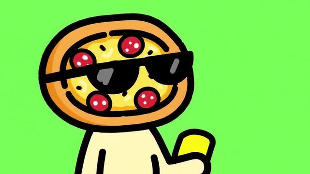 Cartoon Pizza Character Wearing Sunglasses, Holding Yellow Object, Animated Loop, Stock Media