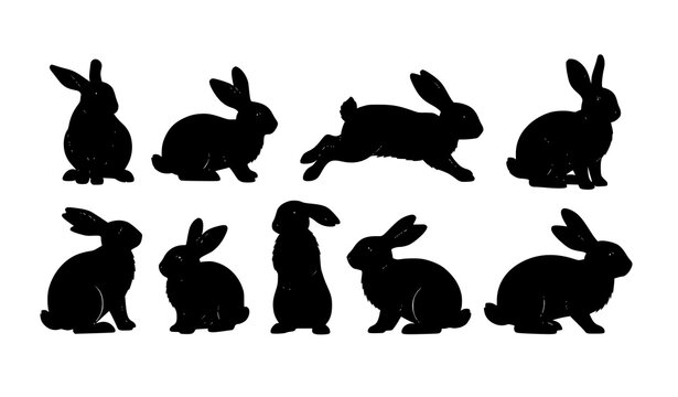 Easter bunny silhouette vector set with sitting and jumping rabbit poses for greeting card and spring decoration isolated on white