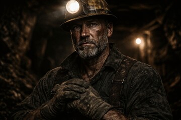 Obraz premium Weathered miner stares intently with a headlamp illuminating his face amidst dark surroundings.