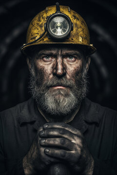 A weathered miner with a focused gaze and rugged beard stares directly at the viewer, illuminated by his helmet lamp against a dark background.