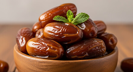 Nutritious dried date fruits in bowl close up macro shot