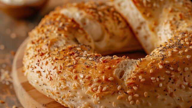 Extreme close-up macro shot of sliced homemade protein bagel, soft chewy interior texture visible, made with Greek yogurt, golden crispy crust with everything bagel seasoning