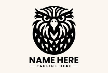 Fototapeta premium Black logo illustration of an owl's head with feathers and wings on a cream background, featuring placeholder text for a name and tagline.