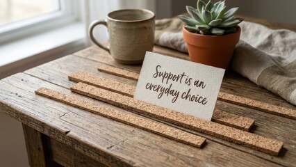 Neutral tabletop with inspirational card and coffee mug