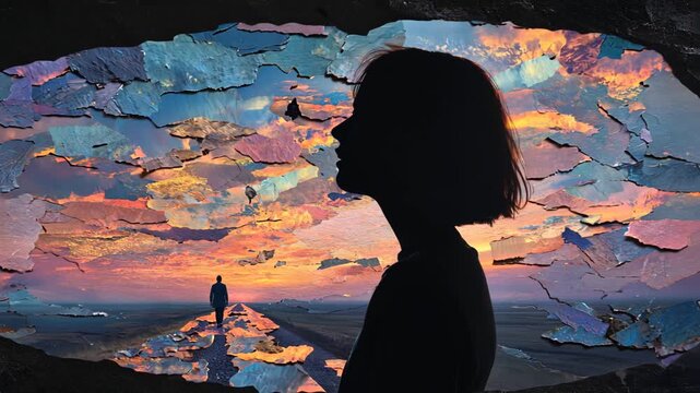 Silhouette of Woman Against Landscape Sunset: Abstract Art with Colorful Sky and Purple Hues in Creative Composition for Artistic Photography, Featuring Dreamlike Atmosphere and Emotional Scene
