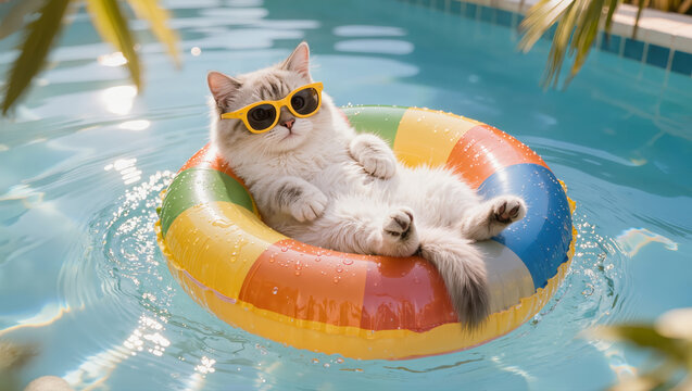Fluffy cat wearing yellow sunglasses relaxing on colorful inflatable ring in swimming pool summer concept
