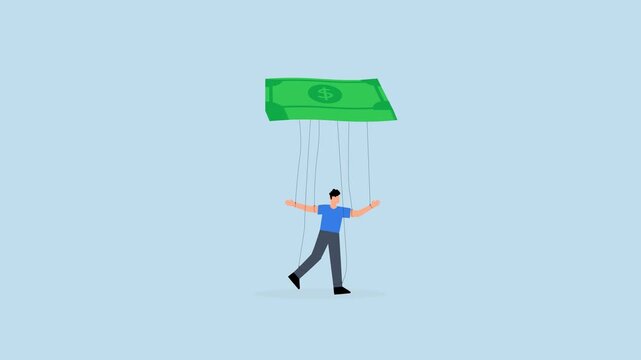 Being controlled by money, 4k animation of weak servant businessman marionette manipulated by wealth