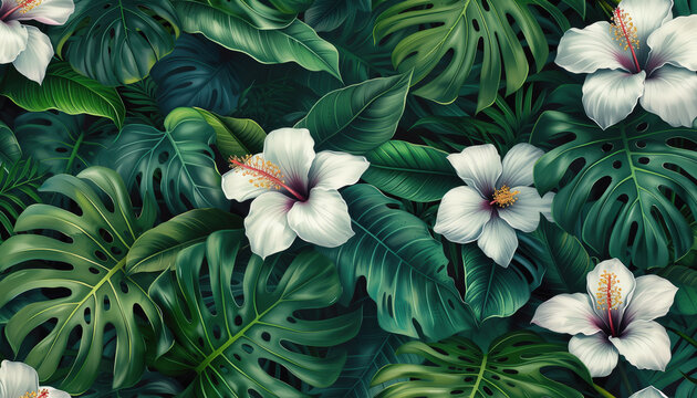 Tropical leaves and flowers pattern viewed from above in a lush green environment