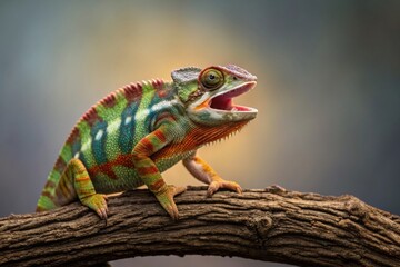 Fototapeta premium Colorful Chameleon on a Branch with Open Mouth, Displaying Vibrant Patterns and Textures in Its Natural Habitat
