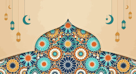 Islamic Arch Decorated with Colorful Mosaic Tiles and Lanterns Hanging © FATEMA