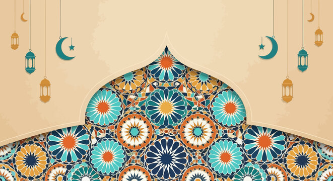 Islamic Arch Decorated with Colorful Mosaic Tiles and Lanterns Hanging