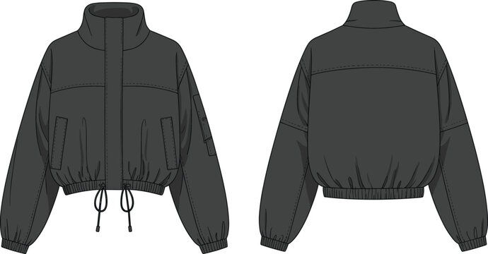 Women cropped bomber jacket technical fashion flat sketch, front and back view, high collar, elastic hem, utility pockets, modern streetwear outerwear design template