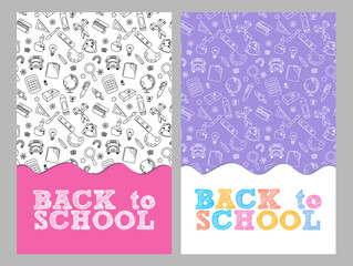 Back to school greeting posters set with patterns and colorful education elements. Modern layouts with books, pencils and playful icons on bright backgrounds for banners and prints.