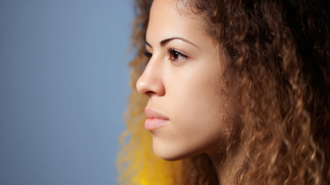 Profile view of young serious mixed race woman face looking forward with brown curly hair and contemplative expression on blue background