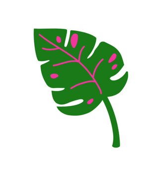 A single tropical leaf with pink veins and spots on a white background